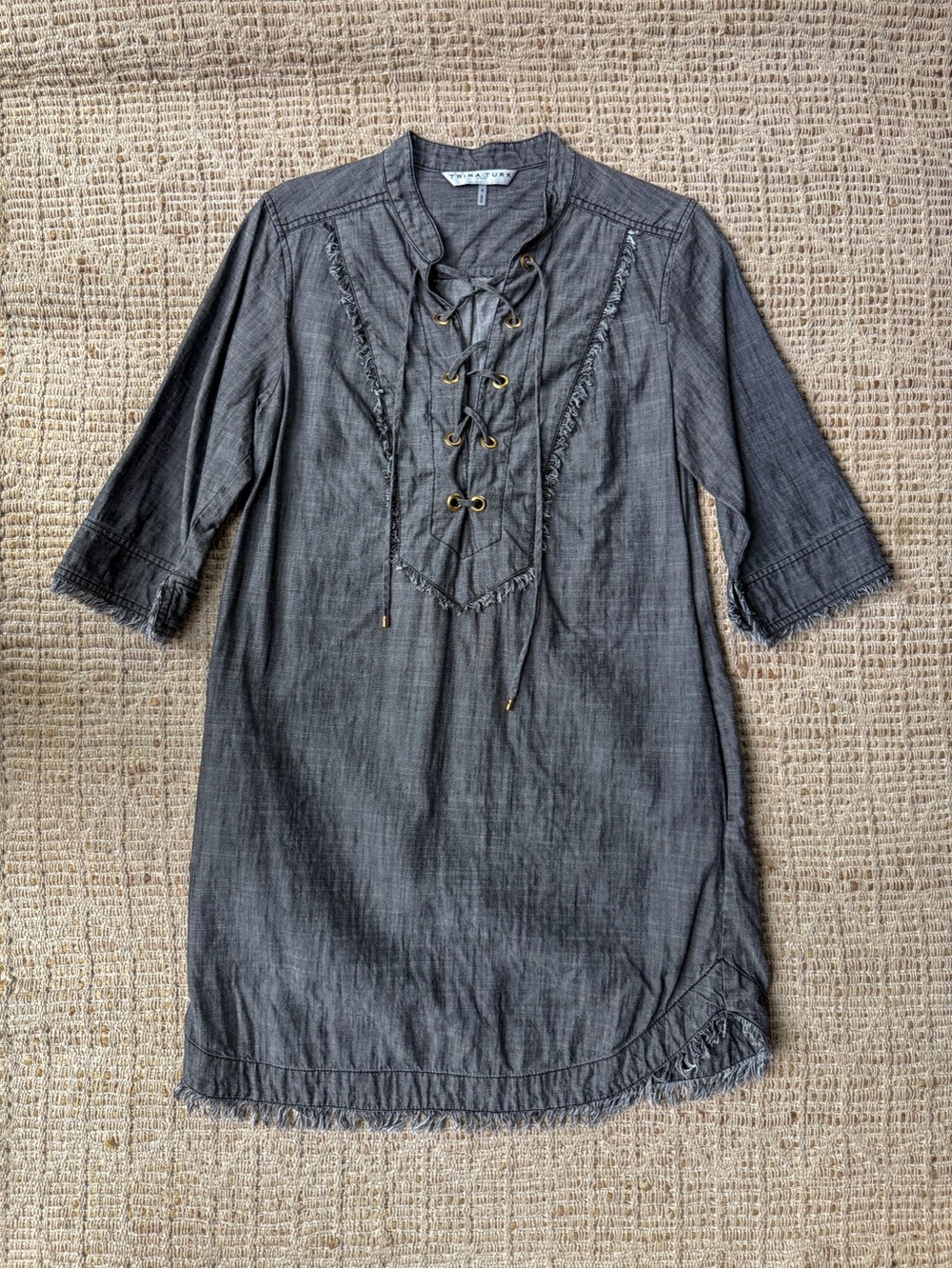 Trina Turk Gray Chambray Dress Lace-Up Front Fringe Trim Size 6